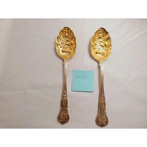 Pair VTG Silver Plated Berry Spoon w/ Gold Wash Embossed Fruit Design Signed